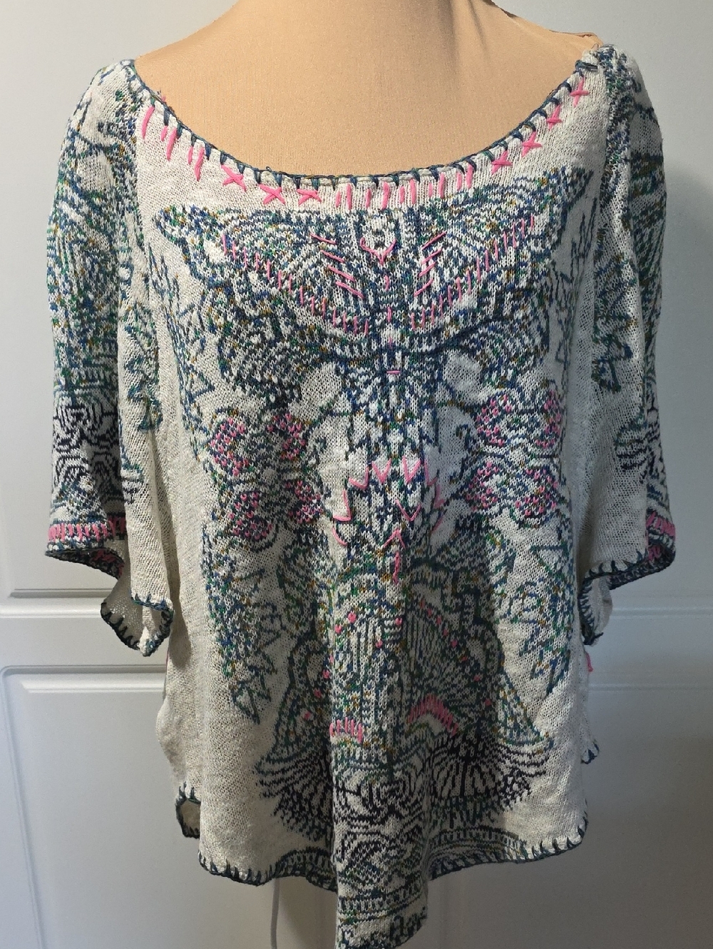 Free People Cream Knit Tunic with Pink & Teal Boho Motif